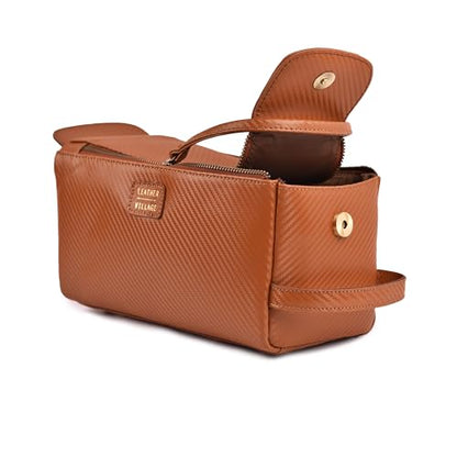 LEATHER VILLAGE Genuine Carbon Fiber Genuine Leather Travel Toiletry Bag - Large Dopp Kit, Water-Resistance Bathroom Kit & Shaving Organizer for Men & Women - Tan - color: Carbon Tan
