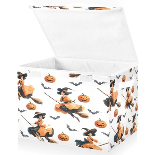Halloween Baskets Collapsible Storage Bins with Lids, Witch Pumpkin Bat Pattern Storage Boxes Clothes Baskets for Organizing - color: Halloween 4