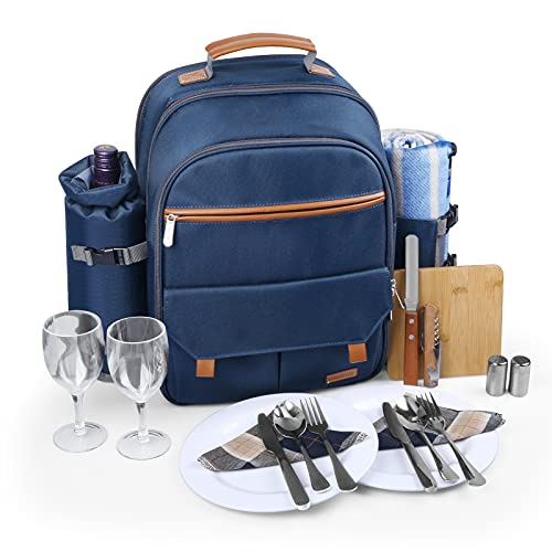 Sunflora Picnic Backpack for 2 Person Set Pack with Insulated Waterproof Pouch for Couple Outdoor Camping (Navy) - color: Navy Blue, size: 2 person