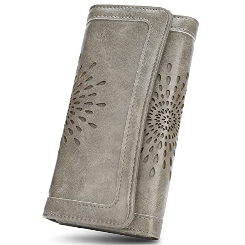 APHISON Womens Wallets RFID Blocking Leather Clutch Long Wallet for Women Card Holder Phone Organizer Ladies Travel Purse Hollow Out Sunflower Design Gift - color: Gray