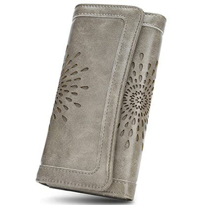 APHISON Womens Wallets RFID Blocking Leather Clutch Long Wallet for Women Card Holder Phone Organizer Ladies Travel Purse Hollow Out Sunflower Design Gift - color: Gray
