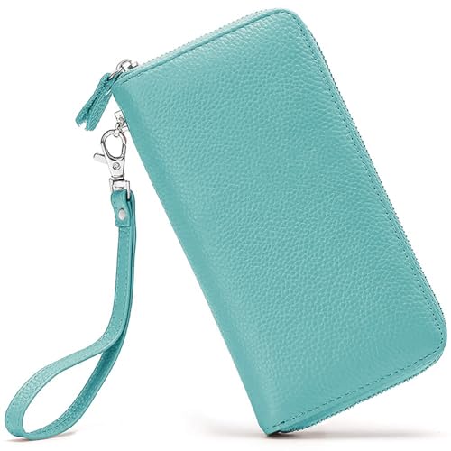 Moflycom Womens Wallet RFID Blocking Genuine Leather Zip Around Wallet Clutch Wristlet Travel Long Purse for Women - color: Teal Blue