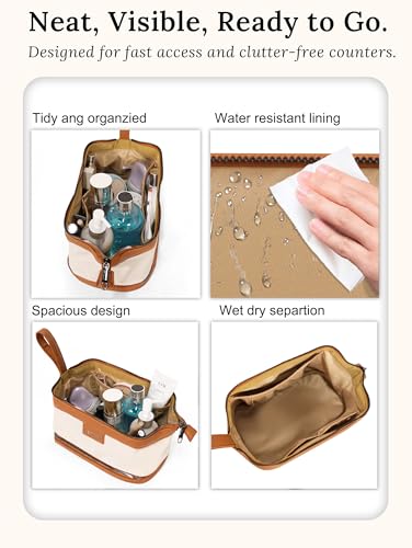Double-Layer Toiletry Bag, Water-Resistant Hybrid Leather Cosmetic Organizer with Wet/Dry Compartments, 26x15x16cm (Ivory, Double layer) - color: Ivory