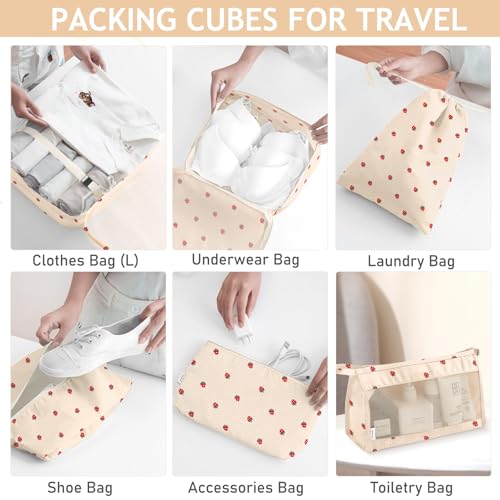 KPX 8 Set Packing Cubes for Travel, Luggage Packing Organizers Accessories Large Toiletries Bag for Clothes Shoes Cosmetics (8Set-Beige Strawberry) - color: 8Set-Beige Strawberry