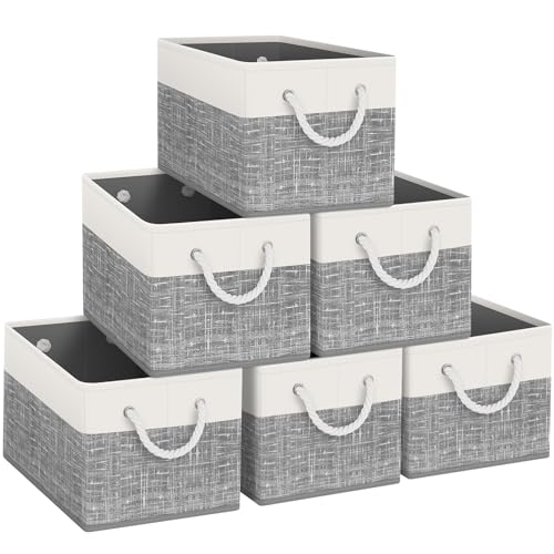 Fab totes Storage Bins 6-Pack, Foldable Storage Baskets for Organizing Toys, Books, Shelves, Closet, Large Storage Box with Rope Handles, Sturdy Organizer Bins, White & Grey - color: White & Grey, size: 6pack