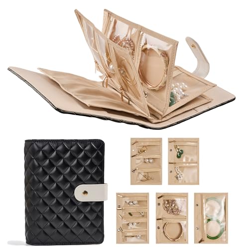 Travel Jewelry Ponch Storage Book Binder - Jewelry Binder Organizer Boxes PU Leather Case with Zipper Velvet Pouches for Rings & Necklaces - Black - color: Black_quilted Diamond Pattern