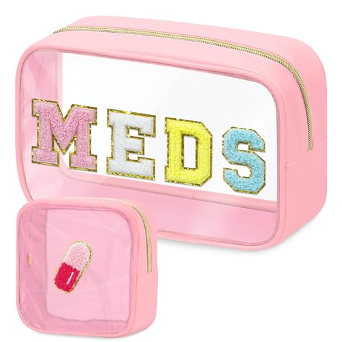 BuyCard 2 Pcs Medicine Chenille Letter Bag Preppy Clear Makeup Meds Pouch for Travel Nylon & PVC Transparent Cosmetic Bag Preppy Patch Toiletry Storage for Women Girls Pink - color: MEDS-Pink, style: 2 Pcs-clear