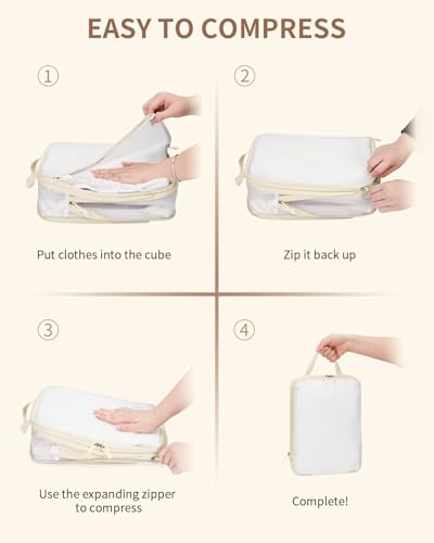 ECOHUB 6 Set Compression Packing Cubes, Lightweight Beach Vacation Travel Essentials Durable Travel Accessories for Suitcase Carry On Luggage Organizer Bags with YKK Zippers Shoe Bag, Beige - color: Beige