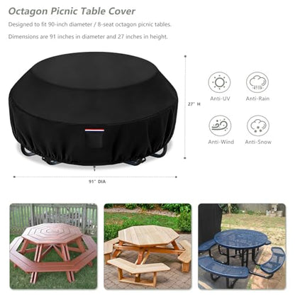 Octagon Picnic Table Cover, 91-inch Waterproof Outdoor Picnic Table Cover for 6-8 Seat Patio Table and Chair Set