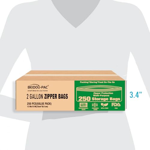BEIDOU-PAC 2 Gallon Large Food Storage Freezer Bags, 250 Count | Double Zipper |13" * 15", Freshness Easy Open Reclosable Clear Plastic Bags - style: Zip | 2 gal 250 count