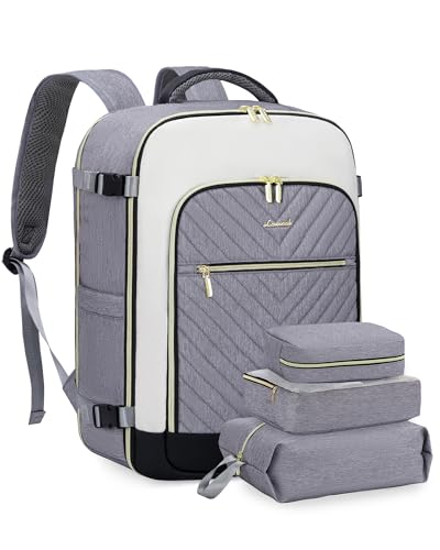 LOVEVOOK Large Travel Backpack for Women, 50L Carry on Backpack Airplane Approved, TSA Personal Item Travel Bag for Women fits 18" Laptop, Waterproof Carry on Bags for airplanes with 3 Packing Cubes - color: Grey - Beige - Black, size: 50L-4Pcs