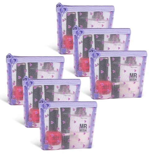 6 Pack Mini Zipper Mesh Makeup Bags, Heart Print Nylon Cosmetic Bags Toiletry Bags for Office Travel Organization (Widened-Purple, XS) - color: Widened-Purple, size: XS