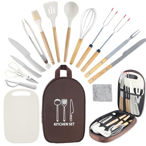Camping Accessories Kitchen Cooking Utensils Set - Portable Outdoor Camp Cookware Set, Silicone Camper Essentials Gear Must Have Supplies for Travel RV BBQ Grill Picnic Hiking - color: 15PCS White