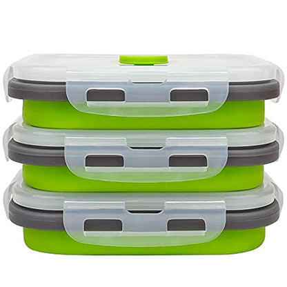CCyanzi 3piece Collapsible Food Storage Containers with Lids, Silicone Lunch Container, Microwave & Freezer Safe, Space Saving for Kitchen Cabinet and Camping Backpack,(green gray) - color: green with gray