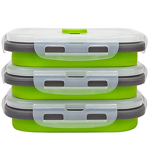 CCyanzi 3piece Collapsible Food Storage Containers with Lids, Silicone Lunch Container, Microwave & Freezer Safe, Space Saving for Kitchen Cabinet and Camping Backpack,(green gray) - color: green with gray