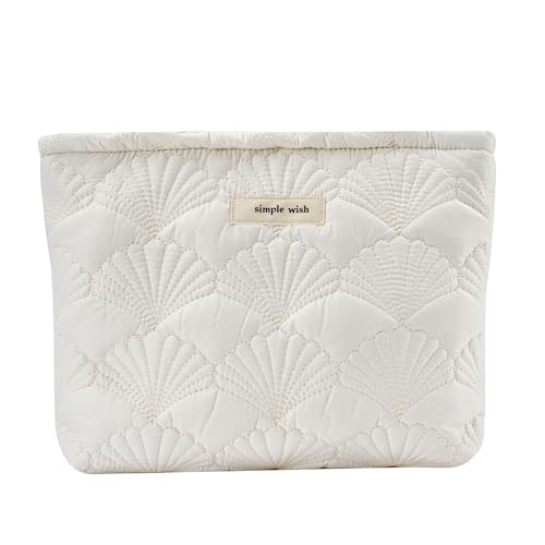 uekeboag White Quilted Cotton Makeup Pouch,Coquette Quilted Toiletry Bag for Women and Girls, Floral Coquette Organizer Bag, Aesthetic Travel Cosmetic Bags(03White Shells) - color: 03White Shells