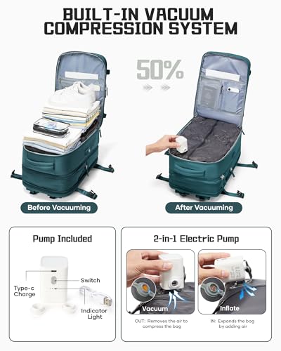 wepadre Vacuum Travel Backpack with Pump Travel Backpack with Vacuum System Expandable Vacpack Compression Backpacks for Travel Easy Vac Pack Carry on Luggage - color: Peacock Blue