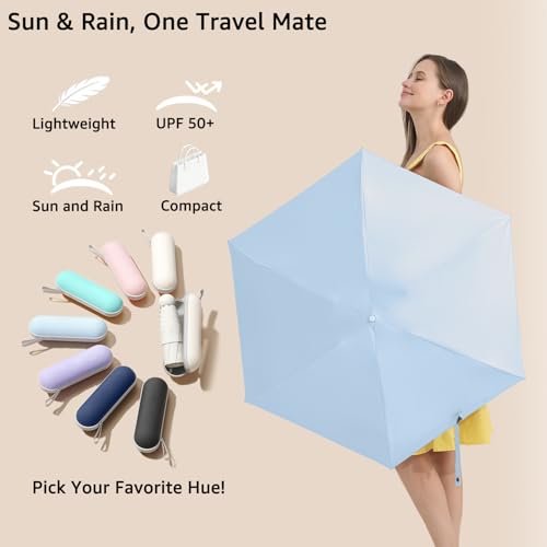 BAODINI Travel Essentials Mini Umbrella for Purse With Case Small Compact UV Sun Protection Lightweight Tiny Pocket Manual Open Close Umbrella for Women Kids and Men Fits Purse Backpack - color: C-1-Light Blue