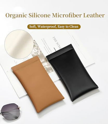 Squeeze Top Sunglass Case, New Organosilicon Soft PU Leather Eyeglass Glass Case Travel Large Sunglasses Pouch - color: Brown+black