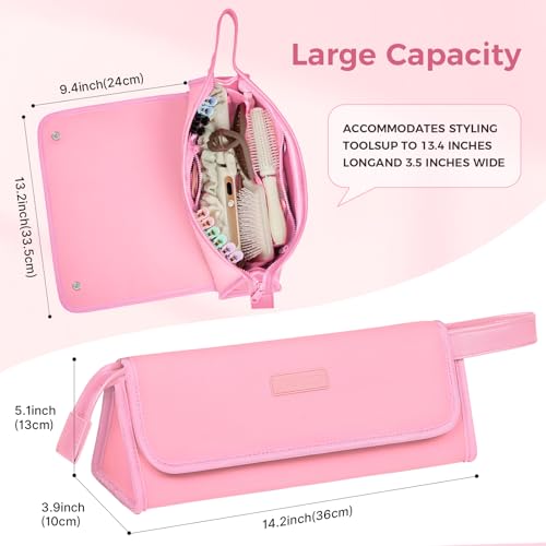 JKAOO Hair Tools Travel Bag and Heat Resistant Mat, 2 in 1 Portable Organizer Hair Travel Case for Curling Iron, Hair Straightener, Flat Irons, PU Hangable Handle, Neoprene (Sweet Pink) - color: Sweet Pink
