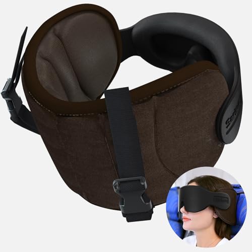 SARISUN Travel Pillows for Airplanes, Airplane Pillow with Eye Mask for Long Flight, Airplane Head Strap for Sleeping, 360° Support Headrest for Car Trip, Stop Bobblehead Travel Essential, Dark Brown - color: Dark Brown