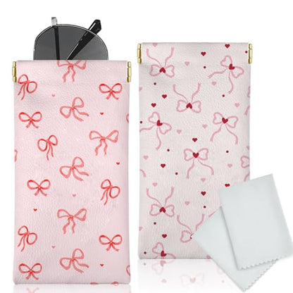 Glasses Case Soft, Eyeglass Cases for Women Portable Squeeze Top PU Leather 2 Pack Glasses Pouch with Cleaning Cloth - color: 2pcs Bow Heart Print