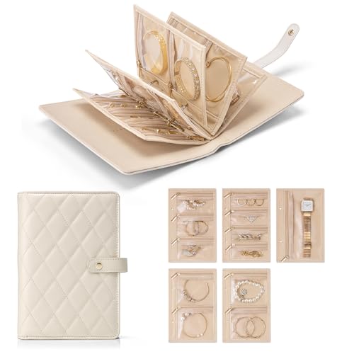 VLANDO Travel Jewelry Organizer Case,Valentines Gift,Jewelry Storage Book Ring Binder with Clear Zipper Velvet Jewelry Pouches Bags for Rings,Necklace,Earrings-Cream White - color: 01.Cream White