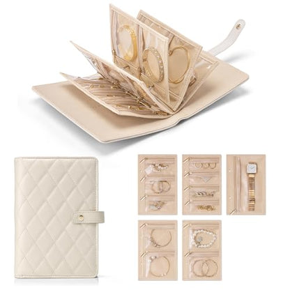 VLANDO Travel Jewelry Organizer Case,Valentines Gift,Jewelry Storage Book Ring Binder with Clear Zipper Velvet Jewelry Pouches Bags for Rings,Necklace,Earrings-Cream White - color: 01.Cream White
