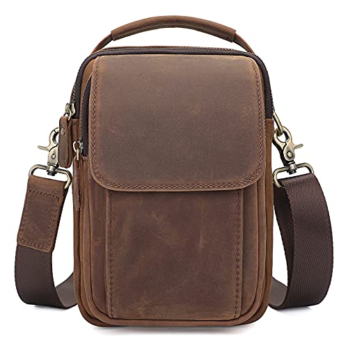 Augus Leather Small Messenger Bag For Men Crossbody Handbag Shoulder Sling Travel Bags for Men Purse Daypack Magnetic Buckle - color: Brown
