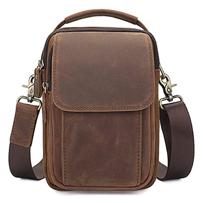 Augus Leather Small Messenger Bag For Men Crossbody Handbag Shoulder Sling Travel Bags for Men Purse Daypack Magnetic Buckle - color: Brown
