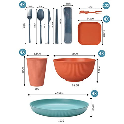 48 Pcs Dinnerware Sets, Unbreakable Plates and Bowls Sets, Reusable Dinnerware Sets for 4 People, Travel Camping Picnic Home Party Cutlery Set, Dishwasher Microwave Safe Dishes - color: Colorful, style: 48PCS