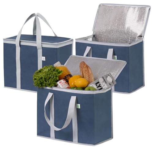 VENO 3 Pack Cooler Bag Insulated Reusable Grocery Shopping Bag, Food Delivery, Heavy Duty, Large Size, Durable Handles, Double Zippers, Lid, Collapsible (Dark Blue, 3 Pack) - color: Dark Blue, size: 3 Pack
