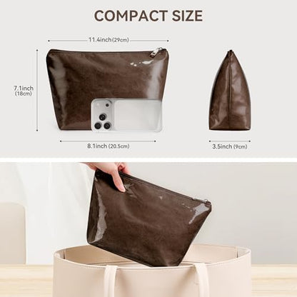 WLLWOO PVC Waterproof Makeup Bag Kraft Paper Cosmetic Bag Travel Toiletry Zipper Pouch Organizer for Women Purse - color: PVC-Coffee