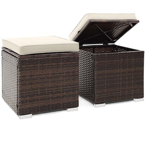 Tangkula 2 Pieces Patio Ottomans, Patiojoy Hand-Woven PE Rattan Side Table with Removable Cushion & Hidden Storage Space, Multifunctional Storage Box, Seat for Patio, Backyard, Poolside (Off White) - color: Off White, size: 16"D x 16"W x 15.5"H