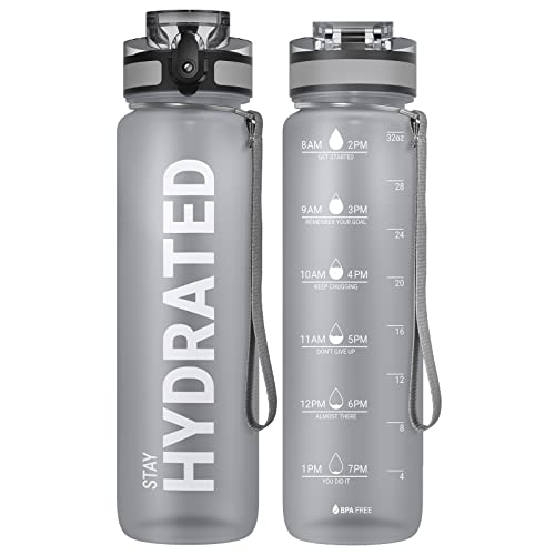 Sahara Sailor Water Bottle 32oz, Durable and Leakproof Water Bottles Motivational with Time Marker, Tritan, BPA Free, Wide Mouth with Easy Clean Brush for Gym, Travel, Home, School, Office (1 Bottle) - color: Grey Misty, size: 33.8 Ounces