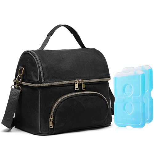Waxed Canvas Lunch Bag with 2 XL Ice Packs, Canvas Lunch Box, Lunch Cooler for Men Work, 10.5L 2 Compartments Insulated Leakproof Cooler Bags for Camping, Beach and Road Trips - color: Iron Black