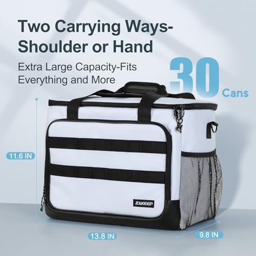 ZAKEEP Soft Cooler Bag, 30 Cans Collapsible Cooler with Adjustable Shoulder Straps, White Ice Chest for Camping, Beach, Hiking, Picnic