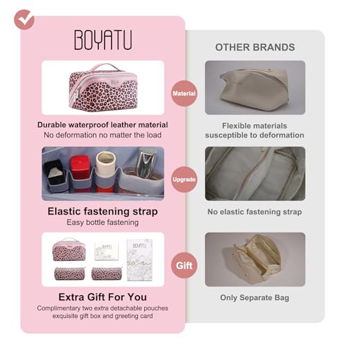 BOYATU Travel Makeup Bag Organizer: 3 Pcs Set Leopard Make up Bag for Women | Vegan Leather Cosmetic Bags with Compartments - Waterproof Toiletry Bag - 180° Open-Flat Make up Case for 3-15 Day Trips - color: 03-Pink