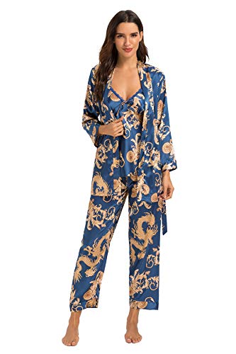 Escalier Women's Silk Satin Pajamas Set 3 Pcs Floral Silky Pj Sets Sleepwear Cami Nightwear with Robe and Pant - color: Navy, size: Large