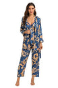 Escalier Women's Silk Satin Pajamas Set 3 Pcs Floral Silky Pj Sets Sleepwear Cami Nightwear with Robe and Pant - color: Navy, size: Small