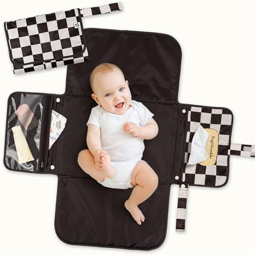 Tiny Twinkle Portable Diaper Changing Pad | Waterproof, Wipeable & Compact Baby Changing Pad for Travel | Smart Wipes Pocket & Organized Storage| Newborn Shower Gift (Black Checkers) - color: Black Checkers