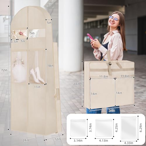 Wedding Dress Garment Bag,72" Tri-Fold Bridal Gown Bag with 6 Pouches and Adjustable Buckle Gown Cover for Wedding/Prom/Travel/Closet Storage (Beige) - color: Beige