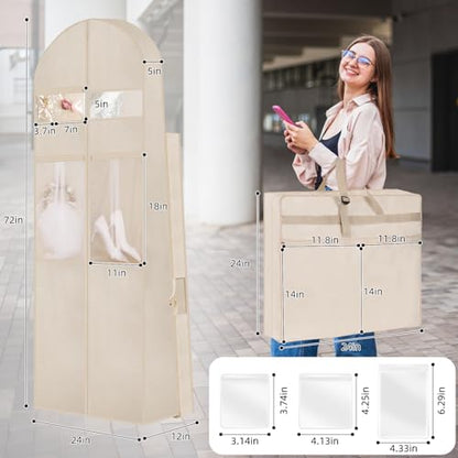 Wedding Dress Garment Bag,72" Tri-Fold Bridal Gown Bag with 6 Pouches and Adjustable Buckle Gown Cover for Wedding/Prom/Travel/Closet Storage (Beige) - color: Beige