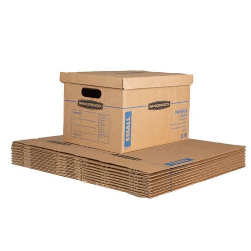 Bankers Box Small Classic Moving Box 10 Pack, Reinforced Handles, Tape-Free Assembly, Box with Lid, 15" x 12" x 10", Cardboard - size: Small, 10 Count (Pack of 1)