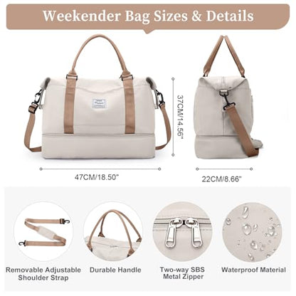 Travel Duffel Bag with Shoes Compartment, Overnight Weekender Bags for Women,Carry on Personal Item Bag - color: A-Beige & Brown, size: Large