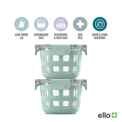 Ello Duraglass 2-Pack 2 Cup Reusable Glass Container Jar with Leak Proof Lids and Protective Silicone Sleeves | Perfect for Overnight Oats, Snacks, Yogurt | BPA-Free | Dishwasher Safe | Yucca - color: Yucca