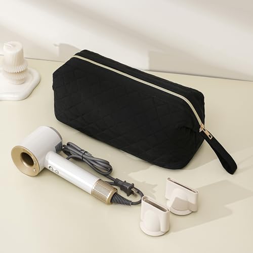 RSRSLEII Large Quilted Hair Tools Travel Bag,Waterproof Hair Styling Accessories Storage Case for Flat Irons,Straightener,Curling Iron,Hair Dryer,Dyson Airwrap Travle Bag (13 Solid Black) - color: 13 Solid Black