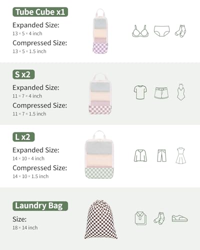 Narwey 6 Set Compression Packing Cubes for Travel Women Men, Travel Cubes for Carry On Suitcase, Durable Compression Luggage Organizer Bags - color: ZA-Mix Checkerboard