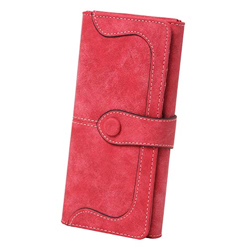 Women's Vegan Leather 17 Card Slots Card Holder Long Big Bifold Wallet - color: Red