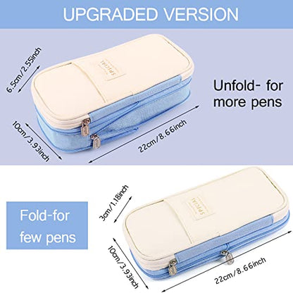 MAMUNU Large Capacity Pencil Case, Expandable Stationery Bag with Zipper Compartments, Aesthetic Pencil Case Pouch for Office College School Students Teen Girls Boys - color: LightBlue